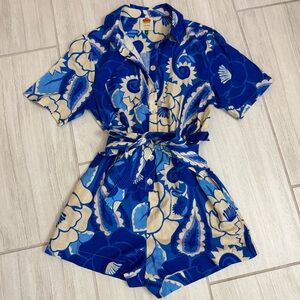 Farm Rio Tropical Groove Belted Romper Blue Beige Size Medium M Shorts Outfit